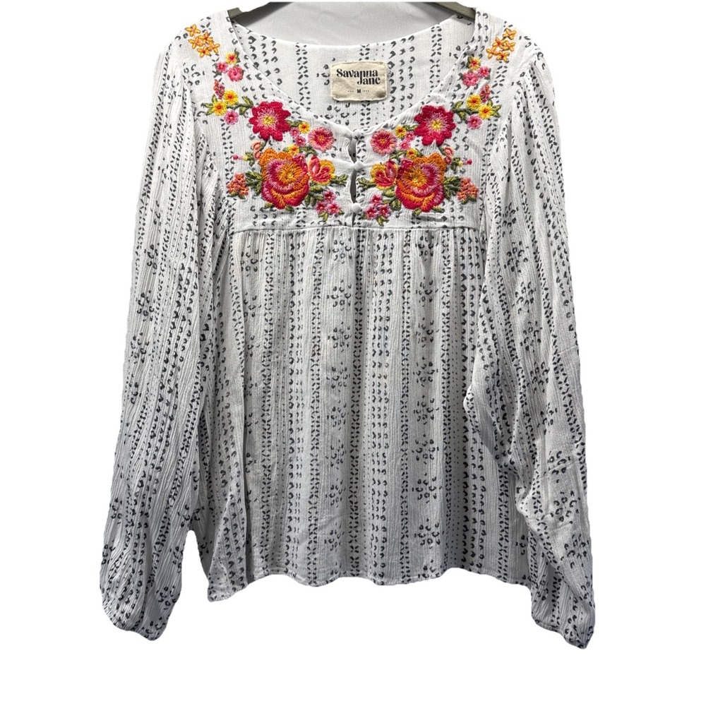Savanna Jane Women's Top M Embroidered Floral Black White Long Sleeve Bohemian
